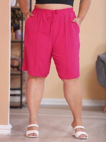 Women's Plus Size Bermuda Shorts High Waist With Elastic Summer Top - Màu Hồng Tươi - Xem 2
