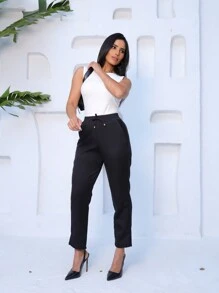 Women's Casual Tailored Trousers With Elastic Waist And Elegant Pockets - 黑色 - 查看 2