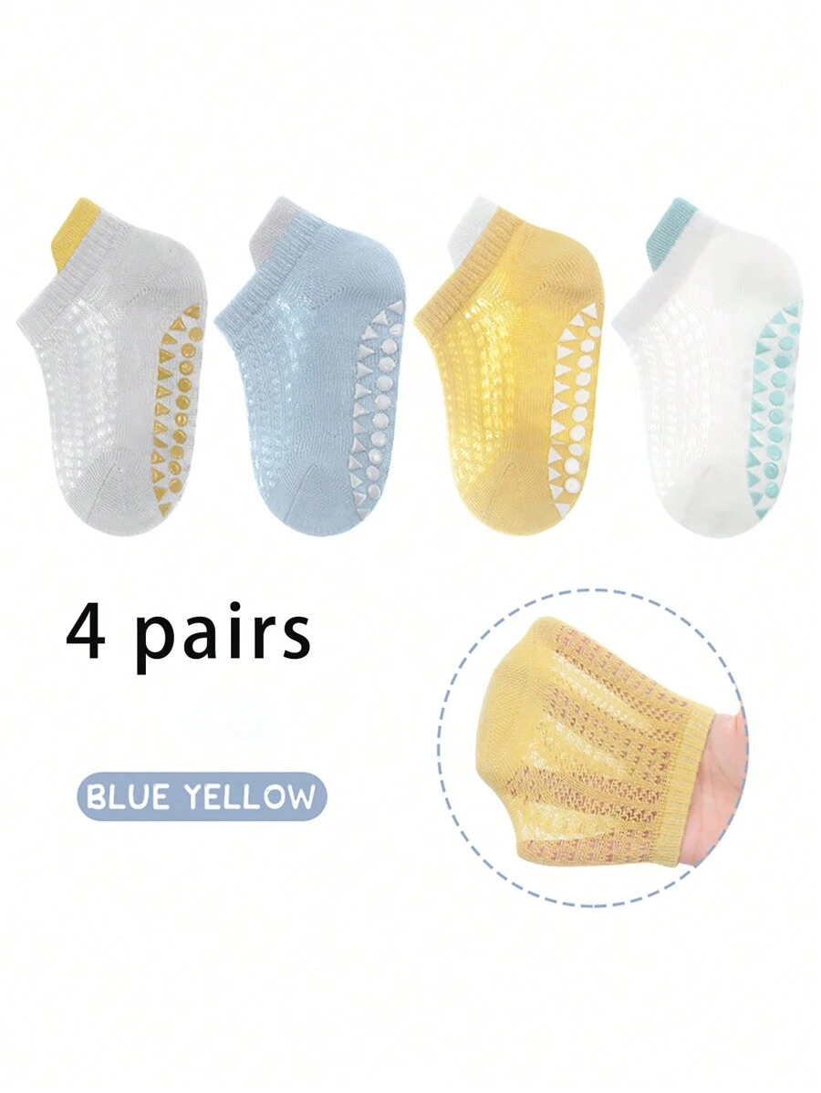 4 Pairs Of Spring And Summer Floor Socks, Large Area Adhesive Baby Trampoline Socks, Anti Slip Socks, Solid Color Short Socks, Boat Socks, Breathable And Comfortable Socks, Children's Walking Socks, Cute Socks For 0-5 Years Old - Multicolor - View 1