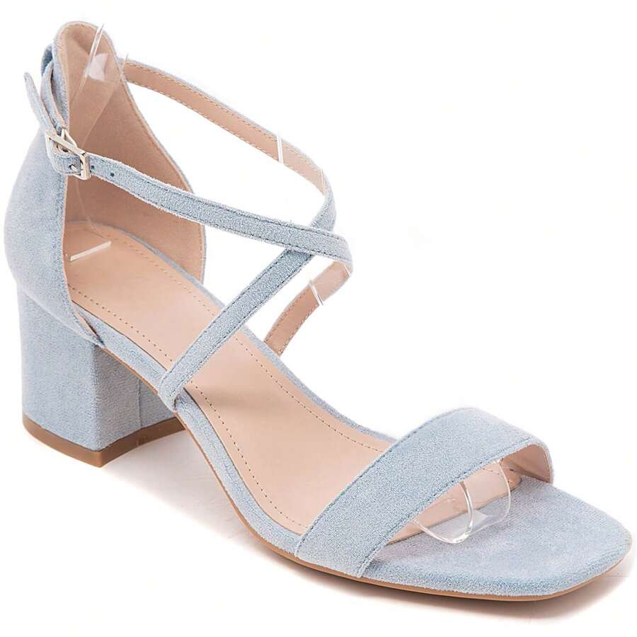 Cross Strap Heeled Shoes With Buckle - Blue - View 1