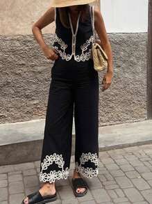 Conjunto de 2 Peças PoPoHouse para Mulheres, Top Regata Vintage Bordada com Renda e Calça Pantalona, Estilo Boho para Férias - Preto - Visão 6