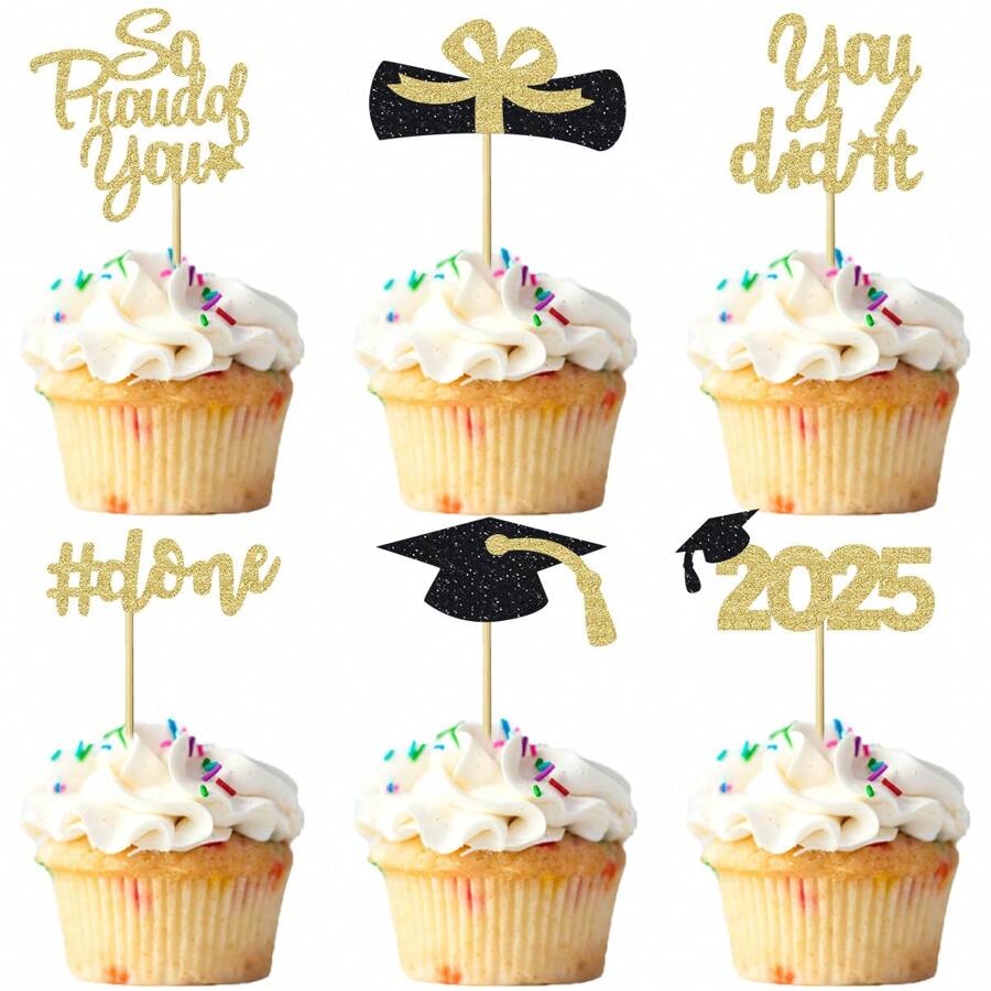Set de 12/24 decoraciones para cupcakes de graduación 2025 con lentejuelas "Muy orgullosos de ti", borla de diploma, birrete de graduación. Decoraciones para torta y fiesta de graduación 2025