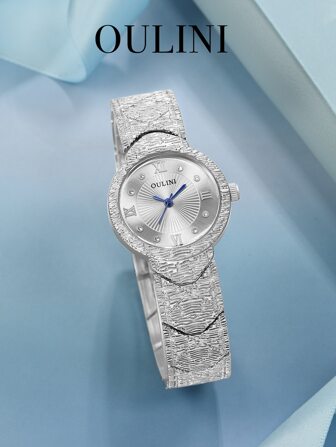 1pc OULINI Women's Quartz Watch With Rhinestone, Gold Textured Strap, Alloy, Elegant Fashion Casual Watch For Vacation, Party Outfit, Gift For Friends