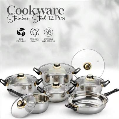 Batería Chapala 12 piezas acero inoxidable. Mangos de nylon, apta para todo tipo de estufas incluidas inducción, sartén, ollas para guisados, cocer verdura, hacer sopas. ligera y ergonomica