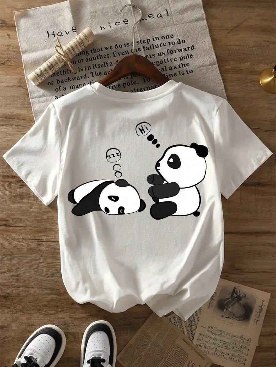 Summer Casual Women's Round Neck T-Shirt, Panda T-Shirt, Slim Fit Short Sleeved T-Shirt - 白色 - 查看 1