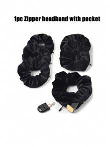 1 pieza Bolsa de almacenamiento de diademas, Mini bolsa de maquillaje, Mini bolsa de almacenamiento de auriculares, Bolsa de almacenamiento de lápiz labial, Diadema con cremallera oculta con bolsillo privado y multifunción, Esencial de viaje, Accesorio grande para mujeres y niñas - Coletero negro invisible para el cabello