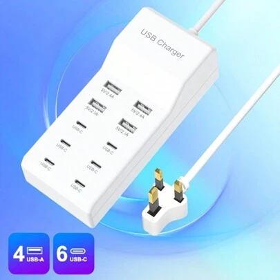USB Charger, 50W USB Charging Station, With 10 Ports (4 USB-A Ports And 6 USB-C Ports) Compatible With IPhone 15/14/13/12/11/X/8/7/6 Phones, Watches, Tablets, Smartphones, Suitable For Charging Multiple Devices Simultaneously, And Easy To Carry
