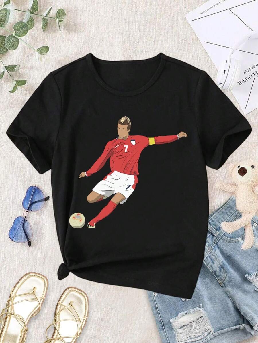 Women's David Beckham England Free Kick T-Shirt Soccer Fan Apparel Football Jersey Retro Design - Black - View 1