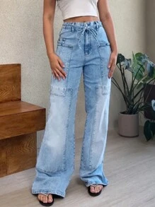 Women's Mid-Waist Casual Jeans With Breathable And Loose Design, Washed Technology, Wide Leg Pockets, Women's Mid-Waist Loose Casual Denim Straight Pants With Drawstring Decoration, Loose Jeans, Denim Work Pants, Women's Four-Season Street Jeans, Mid-Waist Antique Drawstring Tie Multi-Pocket Straight Pants The Hem Of The Trousers Has A Folding Design. The Trousers Have A Washed And Aged Style. The Side Has A Fabric Block Patchwork Style. The Trousers Have No Belt But Are Decorated With Drawstrings. The Trousers Are Closed With Zippers And Buttons. There Are Front Pockets And Back Pockets - Màu xanh lam - Xem 7