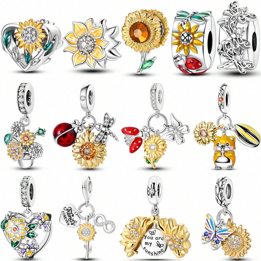 1 件银色闪亮锆石春园优雅金色向日葵花朵瓢虫蝴蝶蜻蜓仓鼠爱心吊坠适合原创手链项链吊坠珠子 DIY 珠宝制作女士女孩日常珠宝礼物 - 銀色 - 查看 1