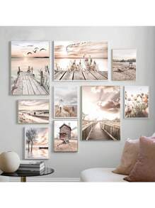 1 pieza Impresión en lienzo de paisaje marino, póster de playa con puente de madera, flor de heno, arte de pared pintura estilo nórdico para decoración de sala de estar sin marco