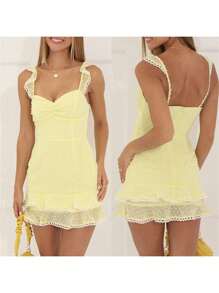 Women's Sleeveless Bodycon Dress Sweetheart-Neck Dot Chiffon Tiered Hem Mini Dress - Màu vàng - Xem 2