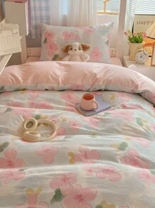 4pcs Bedding Set, Double-Sided Print Design AB Version, Includes 1pc Duvet Cover + 1pc Bed Sheet + 2pcs Pillowcases, Brushed Soft Touch, Fade Resistant, Antibacterial & Warm