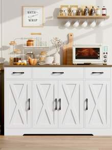 Sideboard, 140cm Kitchen Cabinets With 3 Drawers, Wooden Storage Cupboard Cabinet For Kitchen With 2 Adjustable Shelves, Living Room, Dining Room, Hallway, White & Brown - White - View 6