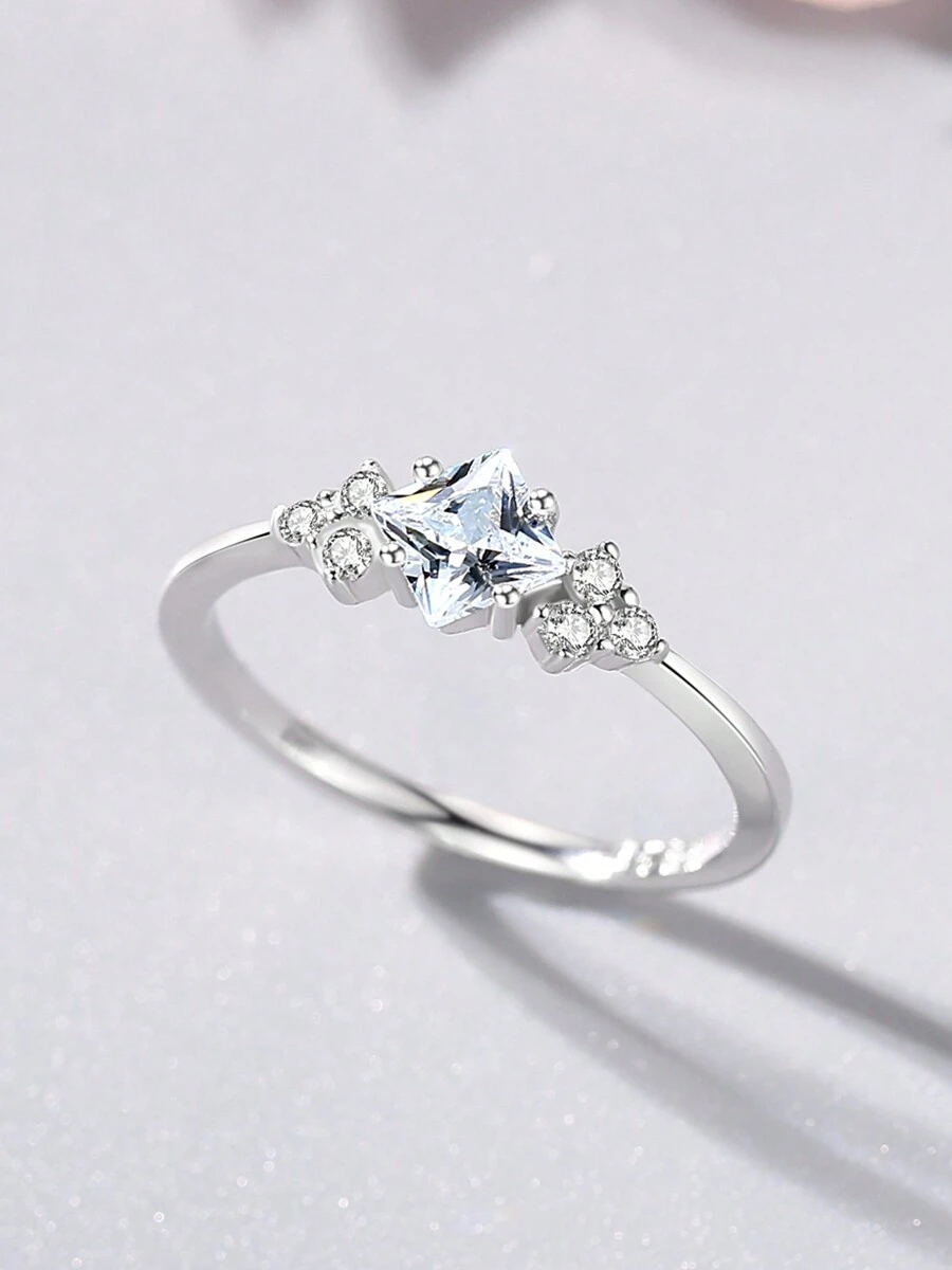 1枚925纯银闪亮方形立方氧化锆戒指，奢华吸睛的女士结婚首饰 - 銀色 - 查看 1