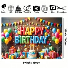 1pc Vibrant Happy Birthday Background Banner, Polyester Material, Birthday Party Photo Background, Balloon And Confetti Design, Foldable, Birthday Party Decoration, Decorative Flag, Birthday Photo Background, Birthday Party Decoration, Indoor And Outdoor Use