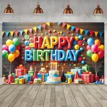 1pc Vibrant Happy Birthday Background Banner, Polyester Material, Birthday Party Photo Background, Balloon And Confetti Design, Foldable, Birthday Party Decoration, Decorative Flag, Birthday Photo Background, Birthday Party Decoration, Indoor And Outdoor Use