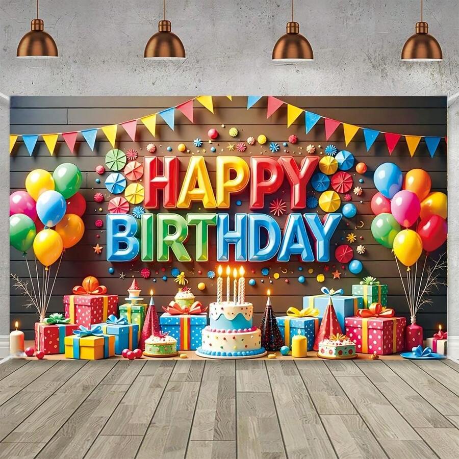 1pc Vibrant Happy Birthday Background Banner, Polyester Material, Birthday Party Photo Background, Balloon And Confetti Design, Foldable, Birthday Party Decoration, Decorative Flag, Birthday Photo Background, Birthday Party Decoration, Indoor And Outdoor Use