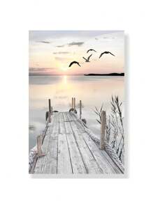 1 pieza Impresión en lienzo de paisaje marino, póster de playa con puente de madera, flor de heno, arte de pared pintura estilo nórdico para decoración de sala de estar sin marco