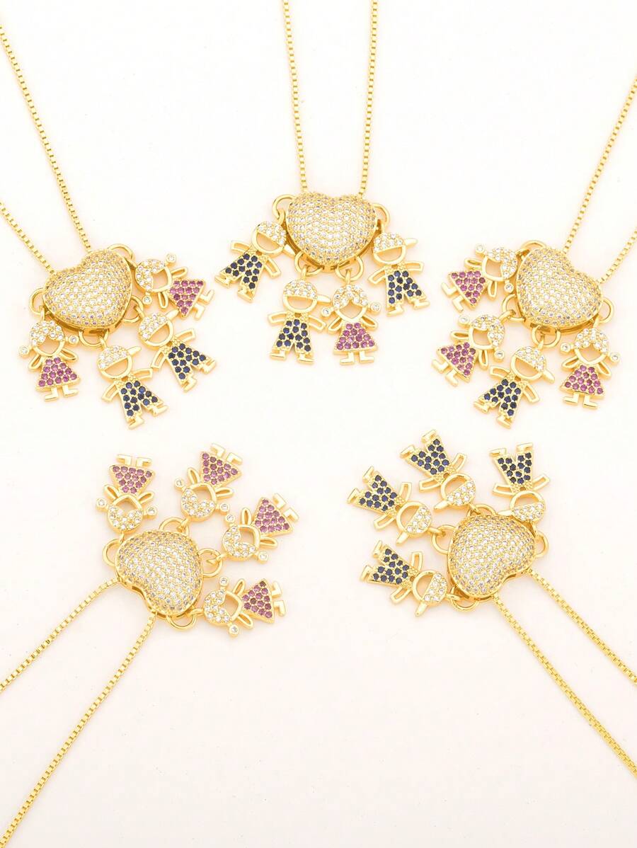 1pc Valentine's Multicolor Zirconia 18k Gold Plated Copper 4 Kids Pendant Necklace, Luxury Jewelry Gift For Women,Mom,Mother,Mother's Day,Gift - Gold - View 1