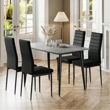 Dining Table And Chairs Set Of 4, 120CM Marble Effect Dining Table With 4 Faux Leather High Back Dining Chairs,Modern Dining Table Set For Home/Kitchen Office - Black Chair + Gray Table - View 6