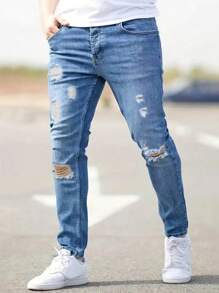 Men's Light Washed Slim Fit Ripped Skinny Jeans, Korean Fashion Style Long Pants - Baby Blue - View 3