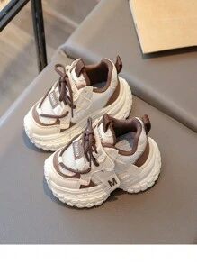 Kids' Fashionable Casual Sports Shoes, Student Running Shoes, Campus Sports Chunky Sneakers, Suitable For All Seasons, Color Blocking Woven Sports Shoes - Khaki - View 8