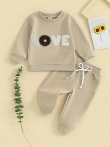 Baby 2 Piece Cute Outfit Plush Letter Embroidery Long Sleeve Sweatshirt And Elastic Pants Set For Infant Fall Clothes - Coffee Brown - View 2