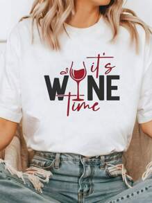 T-shirt casual ample à col rond avec imprimé de verres à vin et lettres