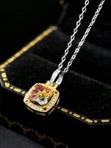 1 PC Natural Gemstone Tourmaline Necklace Colorful Square Necklace  Simple Fashion Pendant Necklace For Women, S925 Silver Plated With 18k Gold, Gemstone With Flawless Clarity And Full Fire Color, Tourmaline Random Color