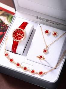 6-teiliges Damen Uhr Set mit modischer Lässig Quarzuhr, pfirsichförmigem Ziffernblatt und Halskette, Ohrringe, Armband, Ringe als Schmuckset, geeignet für den täglichen Gebrauch, Schulstart-Saison, Abschlusszeit, Thanksgiving, Paare, perfektes Geschenkset (ohne Uhrenbox)