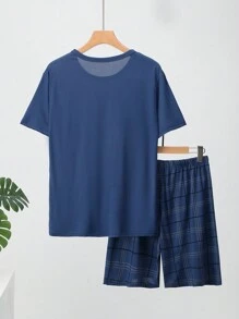 2pcs Men's Lightweight Pajama Set, Short Sleeve Shirt And Shorts, Summer Casual Homewear - Royal Blue - View 3