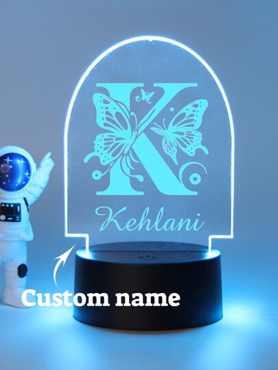 1pc Personalized Name Creative Gift, With 26-Letter Engraved Pattern Of Butterflies And Flowers. Suitable For Boys, Girls Or Friends. 3D Light Effect LED Night Light, Warm Light, Birthday Gift, Decoration Lamp, Desktop Lamp, Night Lighting. Suitable For Valentine's Day, Valentine's Day Decoration. Waterproof, Mold-Resistant, Fashionable, Cute