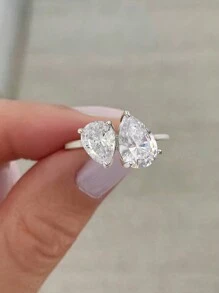1 pieza Anillo de plata de ley 925 con gota de agua personalizada y circonita cúbica, joyería de moda para mujer, joyería exquisita, regalo de fecha para mujer - Anillo de diamantes con doble caída de pera - Ver 3