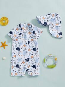 Toddler Boys Rash Guard Swimsuit Animal Print Zipper Short Sleeve Bathing Suit With Swim Cap - Blue - View 2