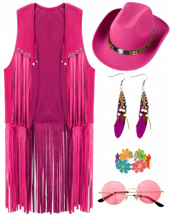 6 PCS Cowgirl Outfits Set For Women With Cowgirl Vest Cowboy Hat Turquoise Trim Bracelet Sunglasses For Christmas
