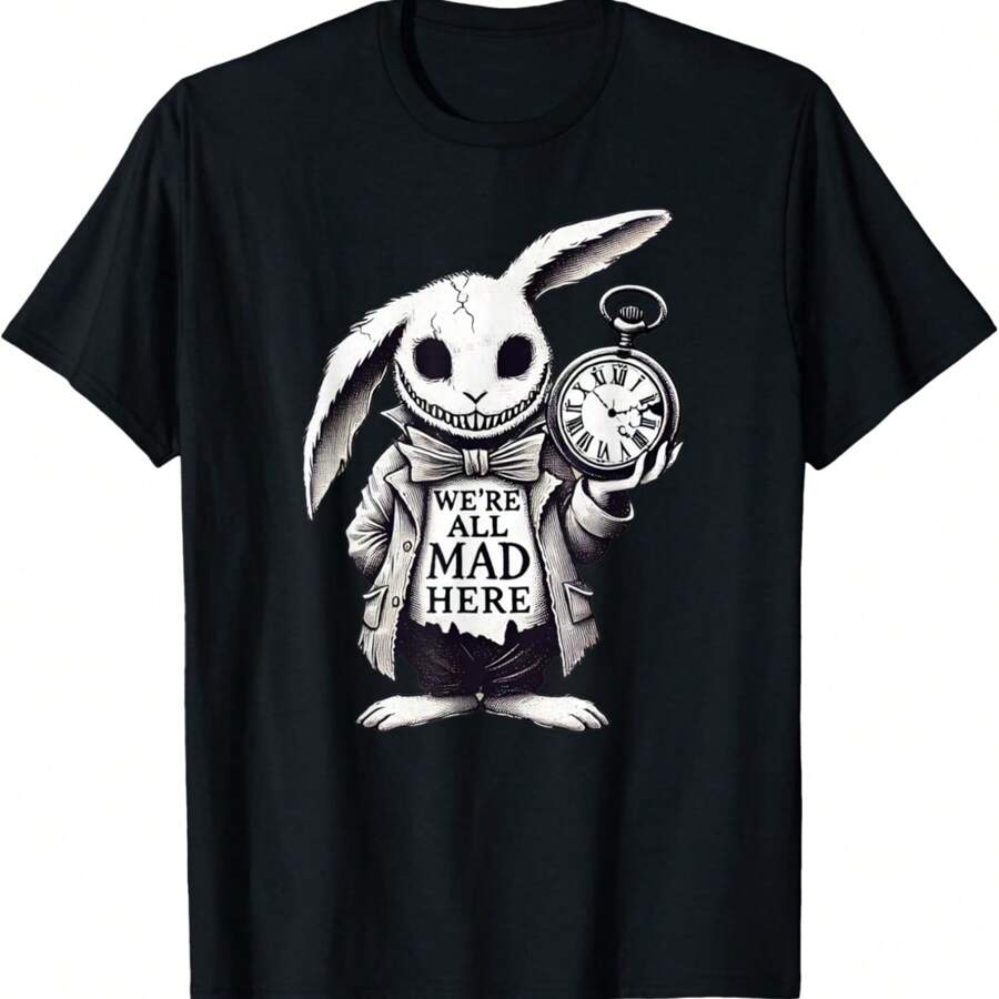 Alice In Wonderland - We're All Mad Here Rabbit Hatter Quote T-Shirt - màu đen - Xem 1