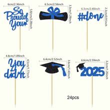 Set de 12/24 decoraciones para cupcakes de graduación 2025 con lentejuelas "Muy orgullosos de ti", borla de diploma, birrete de graduación. Decoraciones para torta y fiesta de graduación 2025