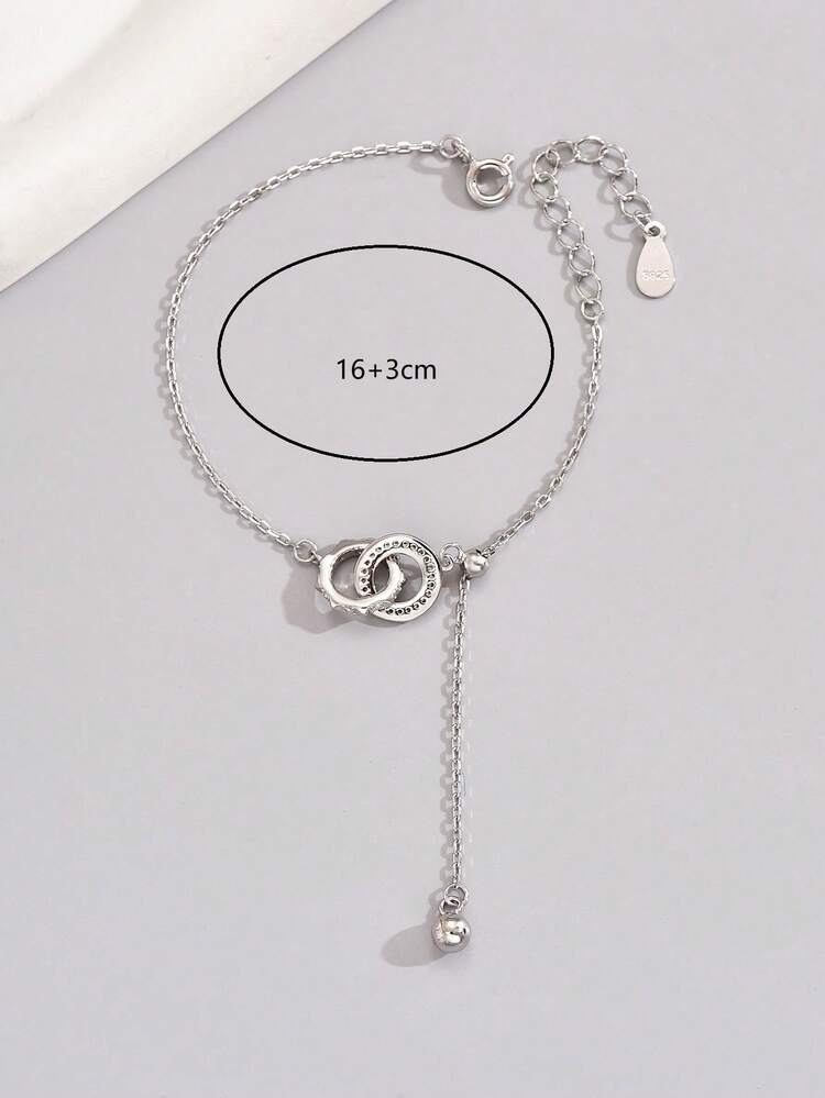 1 件简约纯银镀白金几何双环吊坠手链，适合女士，适合约会、日常佩戴、情人节礼物 - 銀色 - 查看 5