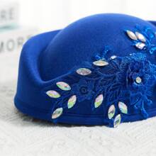 Women Vintage Church Hats Diamond Flower Applique Felt Pillbox Hats Fascinator Tea Party Hats - Blue - View 6