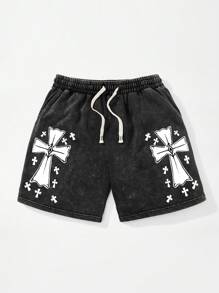 Shwiy Men's Washed Vintage Effect Casual Black Knee-Length Shorts, Simple Cross Print Pattern, Suitable For Spring/Summer Daily Wear And Street Style - Black - View 1