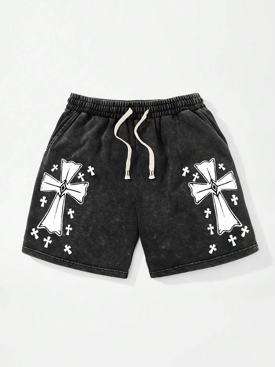 Shwiy Men's Washed Vintage Effect Casual Black Knee-Length Shorts, Simple Cross Print Pattern, Suitable For Spring/Summer Daily Wear And Street Style - Black - View 1
