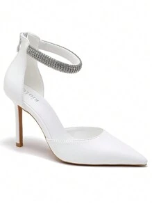 Thin Heel Pumps With Rhinestone Straps For Women Stylish High Heels - White - View 2