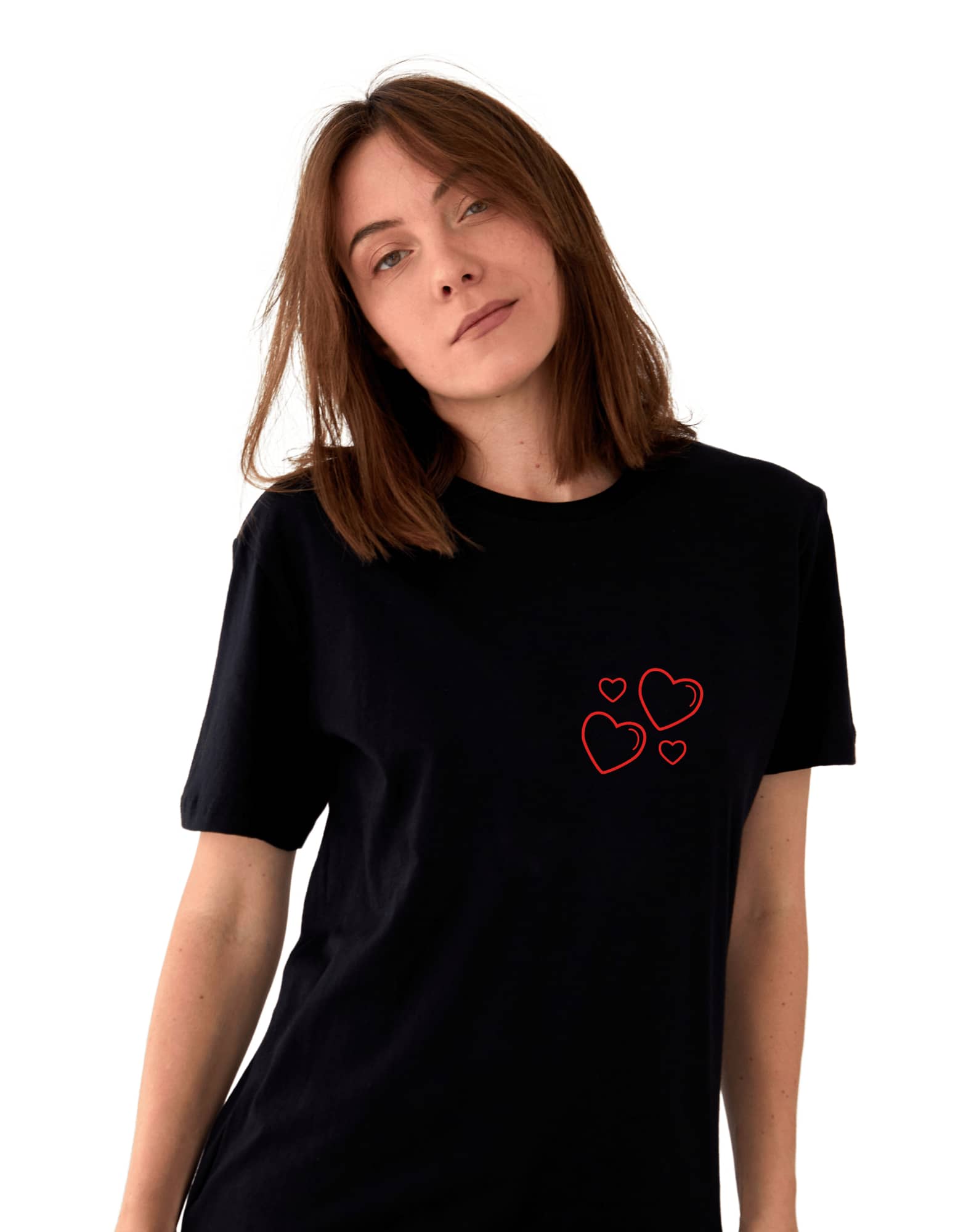 Ajolotastico Black T-Shirt For Women With Heart Shields. Casual Black Round Neck T-Shirt For Women With Heart Shield Print. Urban Chest, Short-Sleeved Urban Top With Print. Fashion For Daily Use. Street Fashion. - 黑色 - 查看 1