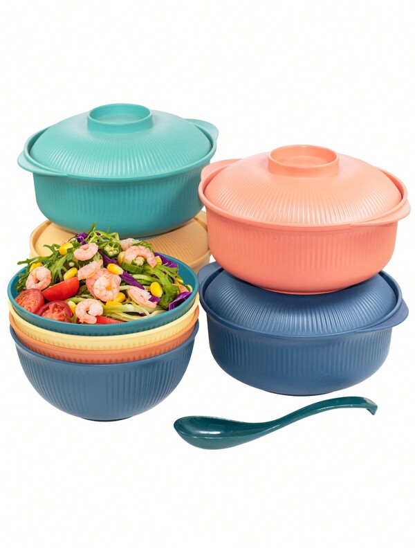 3pcs/Set Large Capacity PP Sandbox Shape Bowls With Lids & Long Spoons, Striped Convenient Soup & Rice Bowls For Student Lunch, Home & Restaurant Use,School Supplies