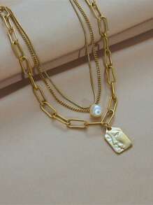 1 Peça Colar De Aço Inoxidável Pingente Multi-camadas De Alta Qualidade Fashionable E Único De Rosto Multicamadas Estilo Vintage