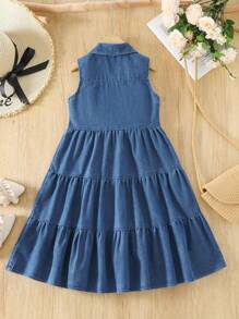 Fashion Denim Tank Dress For Tween Girls, Sleeveless Collar Versatile Mid-Length Dress, Summer 2025 New Arrival - Blue - View 8
