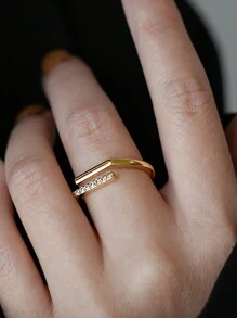 1 件简约 S925 纯银镀 14K 金几何戒指微镶嵌锆石开口戒指适合女孩/女士/女友/母亲派对约会礼物日常佩戴生日礼物 - 金色 - 查看 1