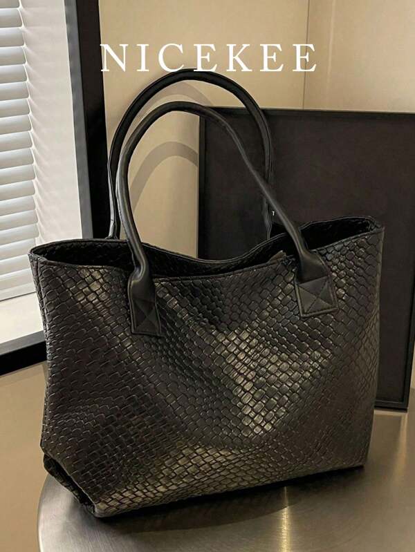 New High-Capacity Woven Pattern Handbag, Fashionable Shoulder Tote Bag With Niche Design, Solid Color Shoulder Bag, Suitable For Daily Outings, Shopping, Work, And Commuting, Eye-Catching Work Bags For Women
