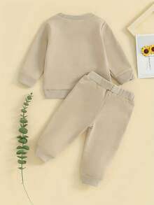 Baby 2 Piece Cute Outfit Plush Letter Embroidery Long Sleeve Sweatshirt And Elastic Pants Set For Infant Fall Clothes - Coffee Brown - View 4